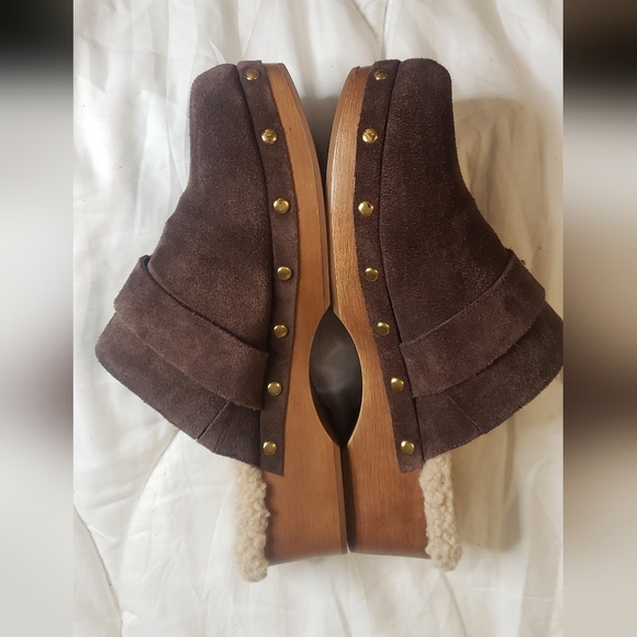 Vince Camuto Canzenee Sherpa Women  7.5 Brown Suede Wooden Wedge Heel Clog Shoes - Picture 6 of 16
